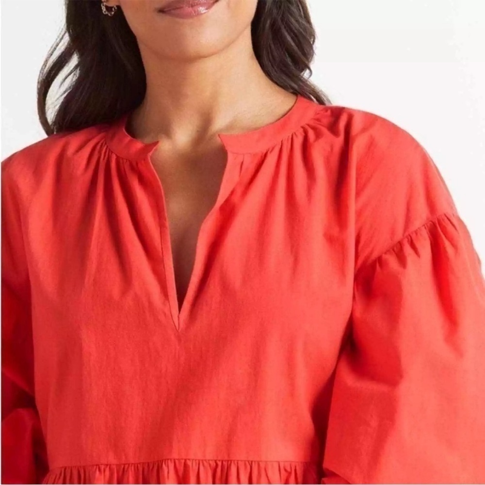 Sundry x Evereve The Anywhere dress cotton poplin tiered bright coral L - Picture 6 of 11